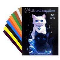 Набор цветного картона, Коты и кристаллы, А4, 10 листов, 10 цветов, мелованный, в папке, Феникс в категории Картон