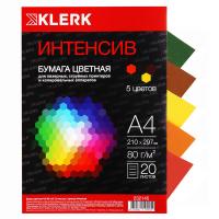 Бумага цветная, А4, 80 г/кв.м, 20 листов, 5 цветов, интенсив, ассорти, KLERK в категории Бумага форматная цветная