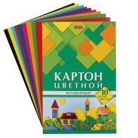 Набор цветного картона Домики А4, 10 листов, 10 цветов, мелованный, в папке Hatber  в категории Картон