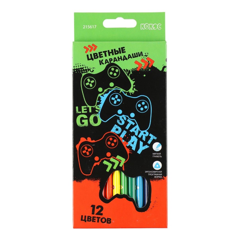 Карандаши цветные 12 цветов, дерево, трехгранный Gamer ERGO Light КОКОС в категории Карандаши цветные