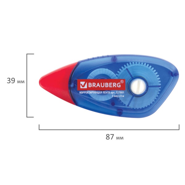 Корректирующая лента BRAUBERG 5 мм х 8 м, корпус синий, механизм перемотки, блистер в категории Корректирующие ленты