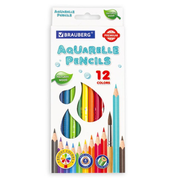 Карандаши цветные акварельные BRAUBERG PREMIUM AQUARELLE, 12 цветов, грифель мягкий 4 мм в категории Карандаши цветные акварельные
