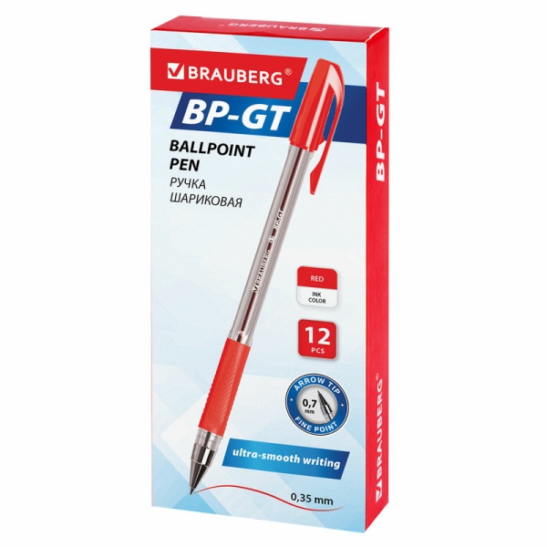 Ручка шариковая BRAUBERG "BP-GT", КРАСНАЯ, корпус прозрачный, стандартный узел 0,7 мм в категории Ручки шариковые