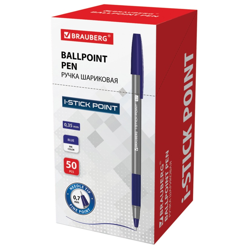 Ручка шариковая с грипом BRAUBERG "i-STICK POINT", СИНЯЯ, корпус серый, игольчатый узел 0,7 мм в категории Ручки шариковые