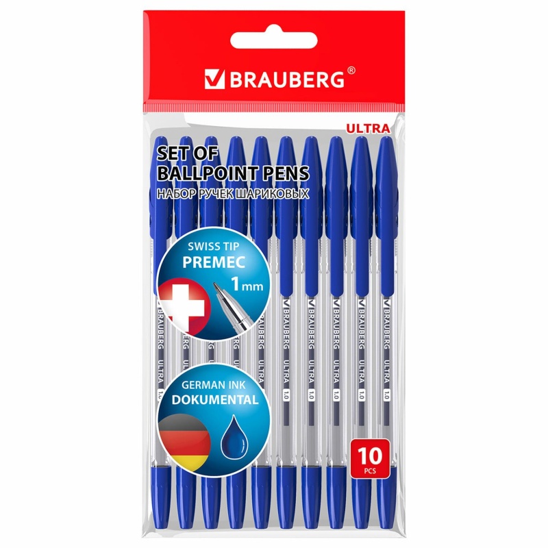 Ручки шариковые BRAUBERG "ULTRA", СИНИЕ, НАБОР 10 штук, корпус прозрачный в категории Ручки шариковые