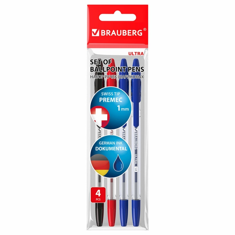 Ручки шариковые BRAUBERG "ULTRA", НАБОР 4 штуки (2 синих,1 черная,1 красная) в категории Ручки шариковые